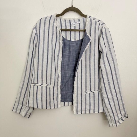 Chico's Jackets & Blazers - Chicos Blue White Striped‎ Linen Open Front Jacket Frayed Trim Size 2 US 12